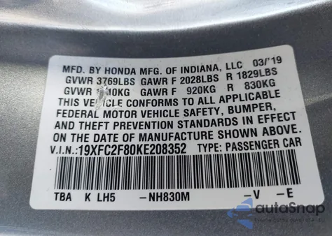2019 Honda Civic Sport z USA, uszkodzony, nr VIN 19XFC2F80KE208352